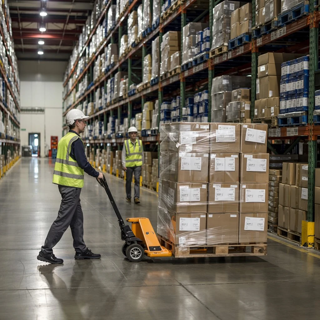 Movimiento de un pallet entre los racks de una bodega