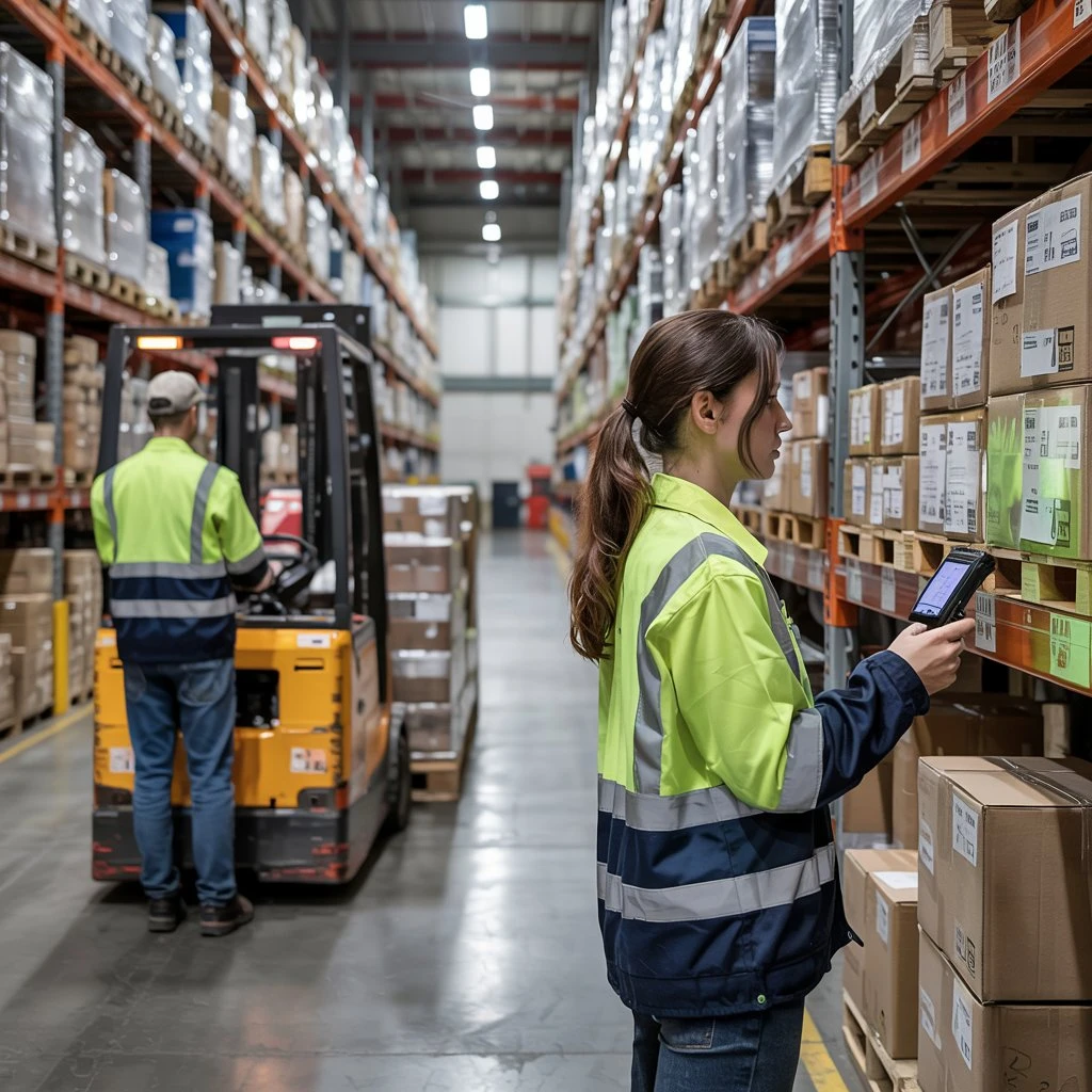 Operaria revisando una etiqueta con un capturador en bodega